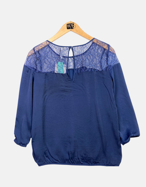 Navy Blue Lace Yoke Blouse with 3/4 Sleeves